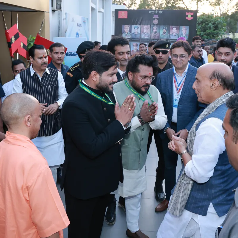 Shishir Dixit Sir and Hemant Dixit Sir welcoming Hon'ble Defence Minister Rajnath Singh and CM Yogi Adityanath at Times Samman 2026.